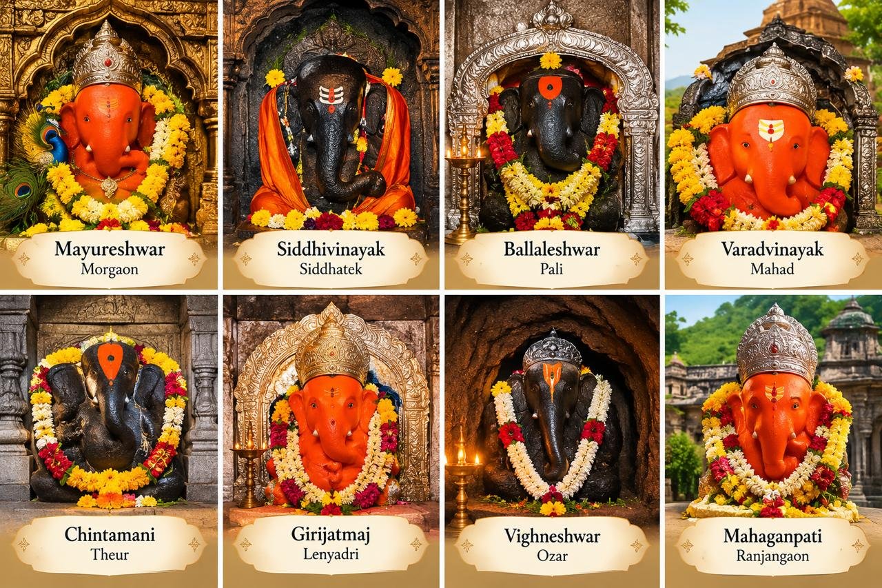 All eight Ashtavinayak Ganpati: Mayureshwar, Siddhivinayak, Ballaleshwar, Varadvinayak, Chintamani, Girijatmaj, Vighneshwar and Mahaganpati